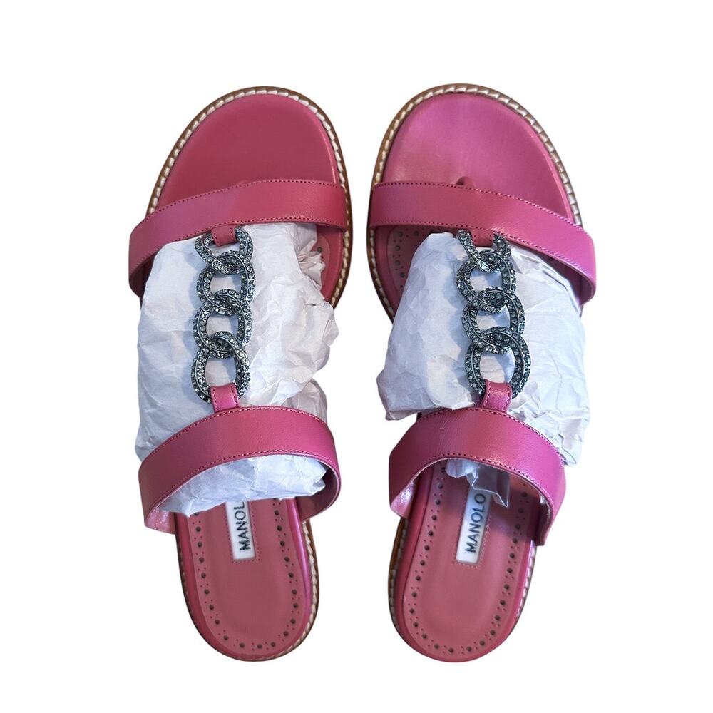 Manolo Blahnik Pink Leather Crystal Chain Slide Thong Sandals 36.5